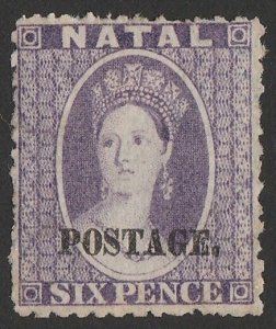 NATAL 1869 'POSTAGE' on QV Chalon 6d violet, SG type 7e.