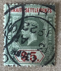 Straits Settlements 1915 KGV $5 with olive back. Scott 167a, CV $115.00. SG 212b