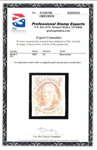 US 1 5c Franklin Used 4 Margins VF appr w/ Magenta Canel & PSE Cert SCV $1050