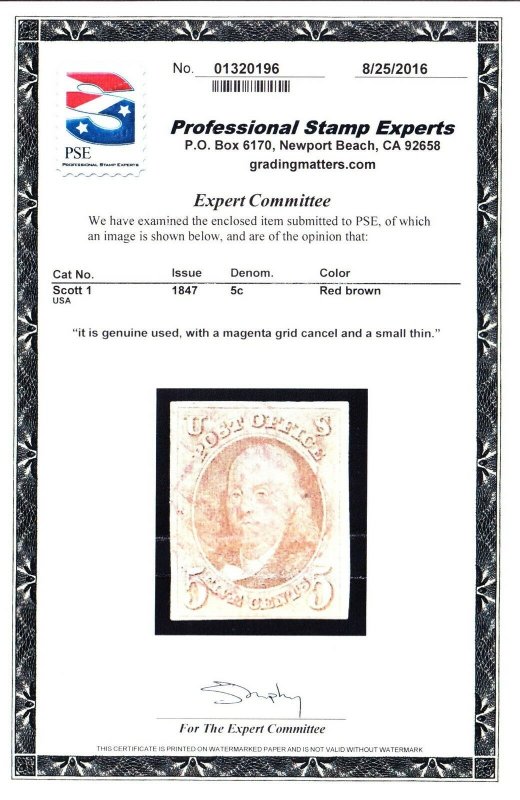 US 1 5c Franklin Used 4 Margins VF appr w/ Magenta Canel & PSE Cert SCV $1050