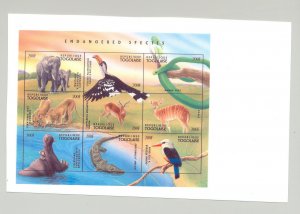 Togo #1726 Endangered Species, Elephants 1v M/S of 9 Imperf Chromalin Proof