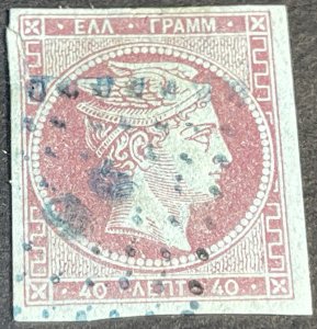 GREECE # 14-USED**---SINGLE---RED-VIOLET ON BLUE PAPER---1862