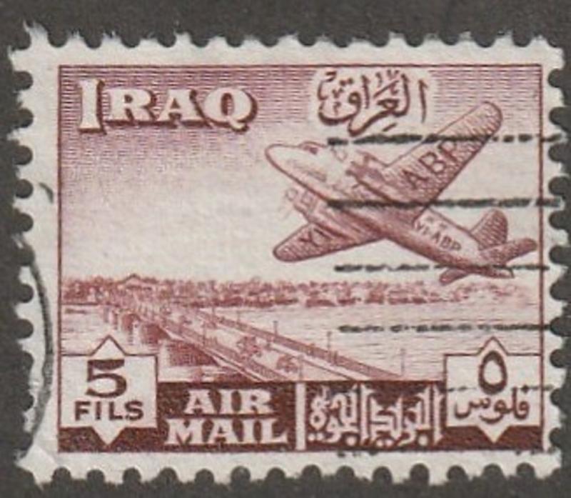 IRAQ stamp, Scott# C-3, used,  Airmail stamp, airplane, red, 5fils #c-3