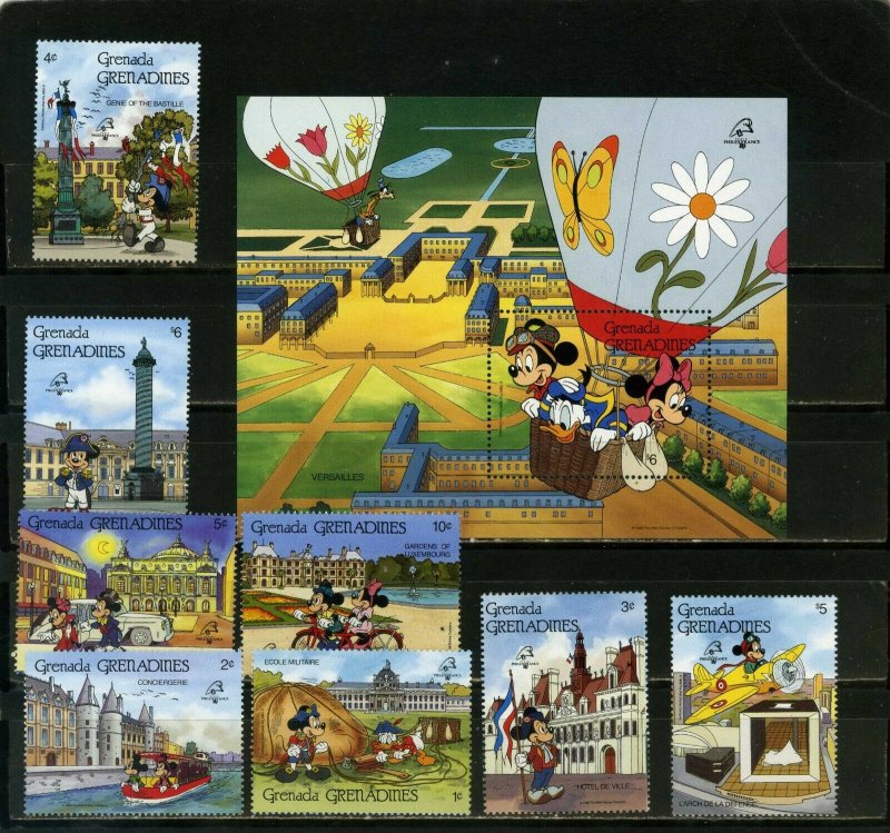 GRENADA GRENADINES 1989 WALT DISNEY PHILEXFRANCE'89 SET OF 8 STAMPS & S/S MNH 