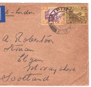 MALAYA FMS TIGERS Air Mail 40c Rate Cover Taiping 1934 Scotland {samwells}MA1112