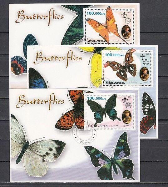 Afghanistan, 2001 Cinderella issue. Butterflies on 3 Canceled s/sheets.