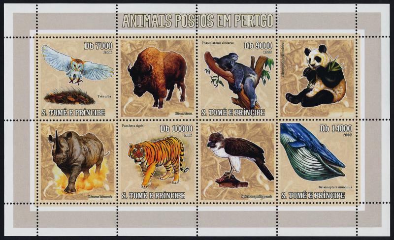 St Thomas & Principe 1598 MNH Animals, Birds, Owl, Whale, Tiger, Koala, Panda