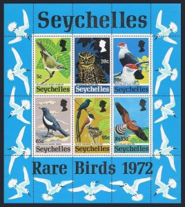Seychelles 304a sheet, MNH. Michel Bl.3. Rare Birds 1972: Warbler, Owl, Pigeon,