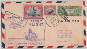 United States Puerto Rico 1929 Paramaribo Suriname Unclaimed First Flight Cover