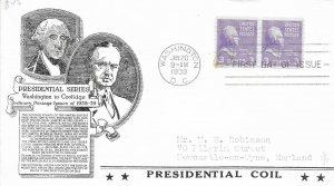 1939 Prexie Coil FDC, #842, 3c Thomas Jefferson, Anderson, pair