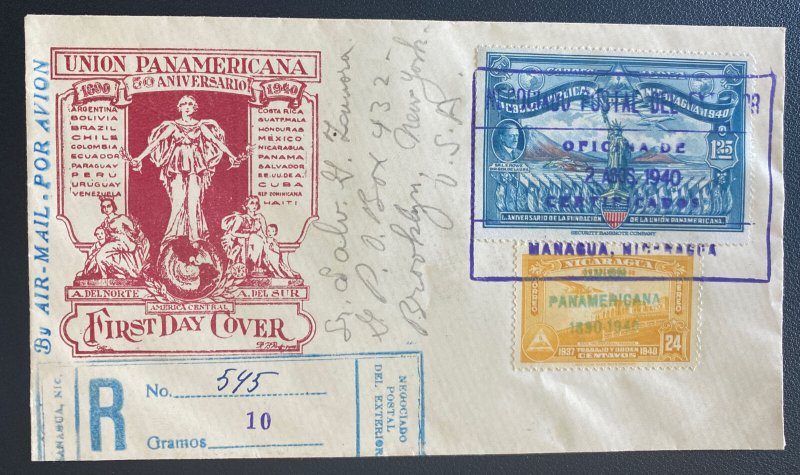 1940 Managua Nicaragua First Day Cover FDC Pan-American Union 50th Anniversary