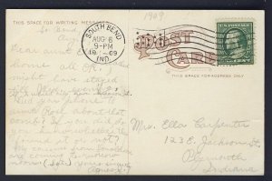 POSTAL HISTORY USA - South Bend IND 1909 to Plymouth Indiana GENEALOGY POSTCARD