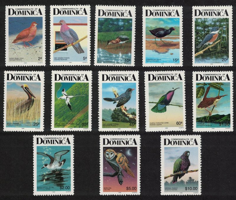 Dominica Birds 13v imprint '1989' perf 12?*11? COMPLETE D1 SG#1241b-1254b