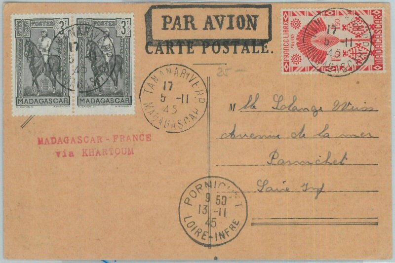 81139 - MADAGASCAR - POSTAL HISTORY - CARD to FRANCE via KHARTOUM  1945