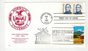 ROTC Military ALDEN PARTRIDGE NORWICH UNIVERSITY EMBLEM #1854 & 2533 DUAL FDC