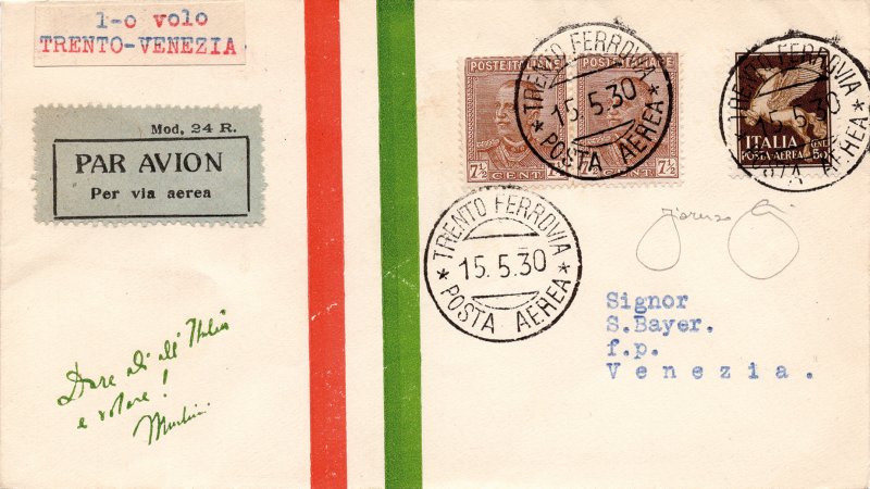1930 Trento/Venice 15.5.30 - Airogram forwarded with I. flight