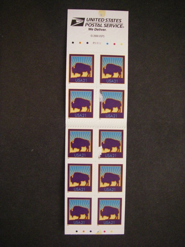 BK282B, Scott 3484b,c, 21c Bison, #P111111, MNH Booklet, adhesion issue