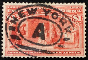 U.S. Used Stamp Scott #241 $1 Columbian, VF - XF. New York Oval Cancel. Choice!