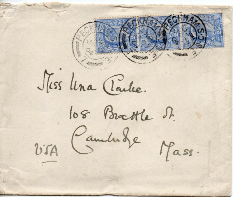 1902 Sg 230 2½d on 1904 Cover from Peckham to Cambridge, Massachusetts 