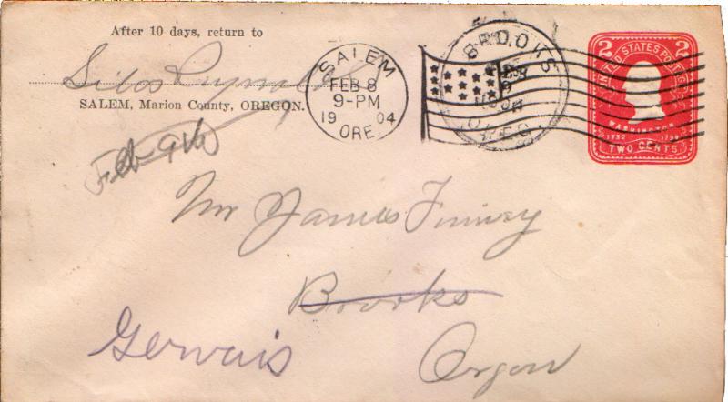 United States Oregon Brooks 1904 cds  Forwarding mark  1871-1960  Postal Stat...