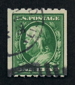 EXCEPTIONAL GENUINE SCOTT #390 USED 1910 GREEN COIL SINGLE DUPLEX CANNCEL #10402