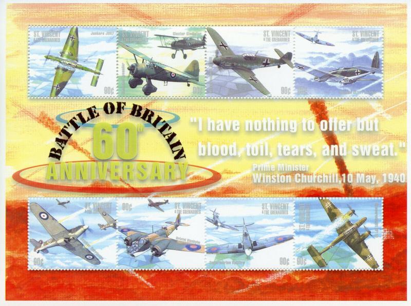 St Vincent & Grenadines 2000 MNH WWII Battle of Britain 8v M/S I Aviation Stamps