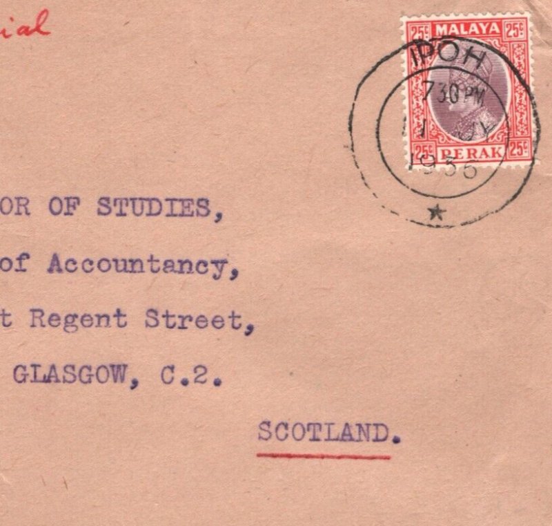 Malaya PERAK Air Mail Cover *Ipoh* 1936 CDS Scotland Glasgow {samwells}MA1111