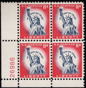 US #1044a PLATE BLOCK 11c Statue of Liberty, VF/XF mint never hinged, stock p...