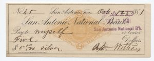 1881 RN-G1 check San Antonio National Bank TX [6514.114]