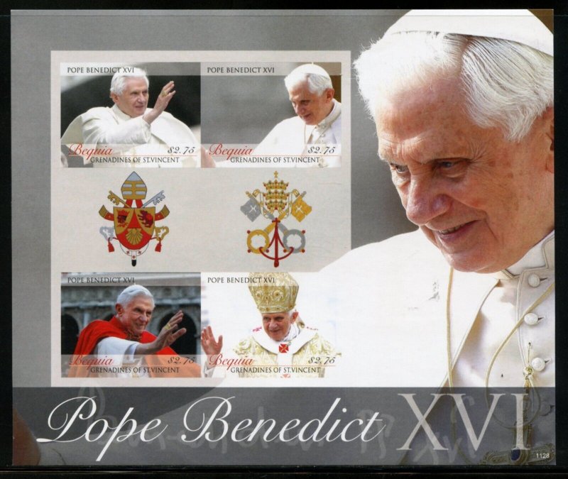 SPECIAL BEQUIA POPE BENEDICT XVI  LOT OF FOUR IMPERF SHEETS MINT NH