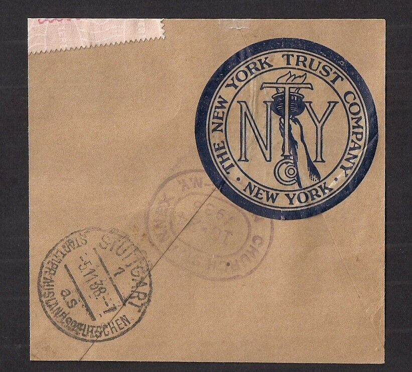 NEW YORK TRUST COMPANY REGISTERED MAIL LABEL 1938 TIED to piece. SCARCE! NYT / Register / HipStamp