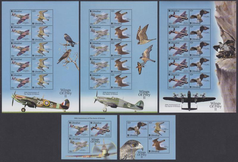 Gibraltar Birds of Prey and Jet Fighters 3 Sheetlets+2 MSs 2nd series