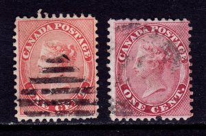 CANADA  — SCOTT 14, 14b — 1859 1c QV, ROSE & DEEP ROSE SHADES — USED — SCV $230