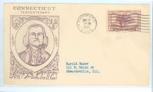 US 772 1935 3c Connecticut Tercentenary (Charter Oak) single on an addressed (typed) FDC with a Grimsland cachet