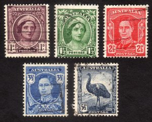 1943, Australia, Used set, Sc 191, 192, 194, 195, 196