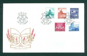 Norway. 1982 FDC. Cachet, Flowers. Buildings. Sc# 718-19-20-22-23.