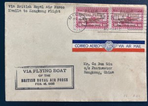 1936 Manila Philippines British Royal Air Force  Airmail Cover To Hong Kong