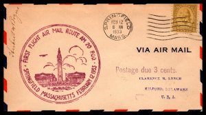 US AM 20 Springfiled,MA to Milford,DE 1933 First Flight Cover