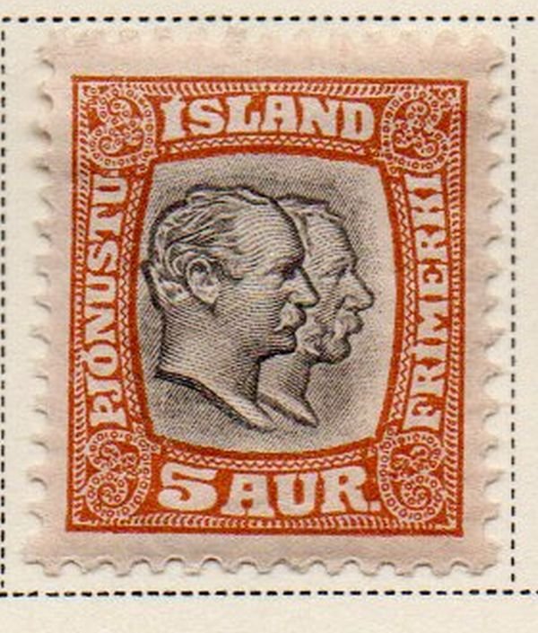 Iceland Sc  O33 1907 5 aur 2 Kings Official stamp mint