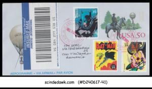 USA - 2008 AIR MAIL REG'D AEROGRAMME to ROMANIA with COMIC CHARACTERS (B...