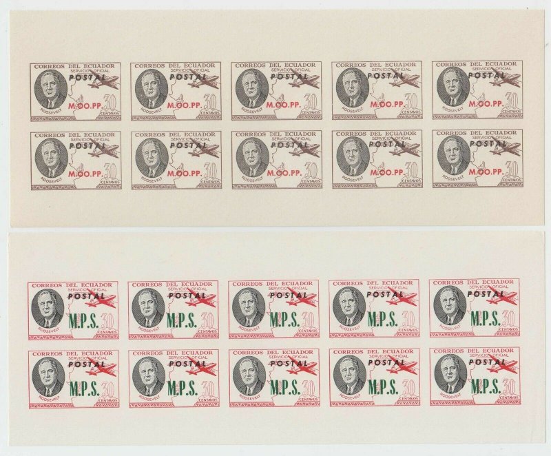 ECUADOR 1949 ROOSEVELT ORDNRY & AIR OFFICIAL Brt O240-O257 SET 18 IMPERF SHEETS 