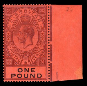 Gibraltar #75 (SG 85) Cat£140+ (for hinged), 1912 £1 violet and black red, ...