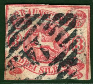 Germany States BRUNSWICK Stamp Scott.11 3sgr (1862) Used *14* Numeral ORANGE166