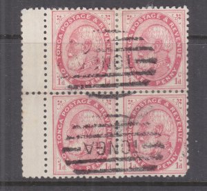 TONGA, 1887 perf. 12 x 11 1/2, 1d. Pale Carmine, block of 4, used.