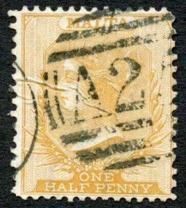 Malta SG16 1/2d yellow-buff perf 14 x 12.5 Wmk CC (Creased) Cat 100 pounds