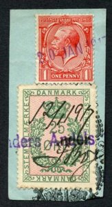KGV 1d plus Denmark stamp on piece