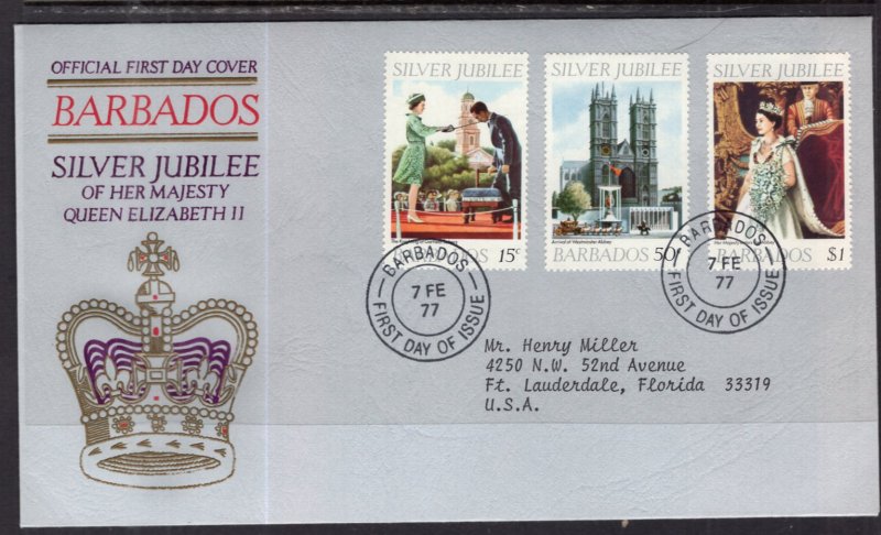 Barbados 452-454 Queen Elizabeth II Silver Jubilee Typed FDC