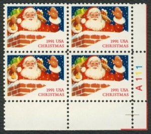 1991 Christmas Santa Plate Block Of 4 29c Postage Stamps, Sc# 2579, MNH, OG