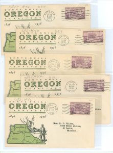 US 783 1936 3c Oregon Territory Centennial/five first day covers with matching Linprint cachets and different official cachets: