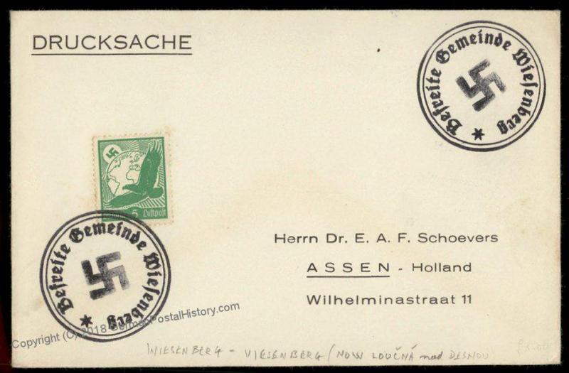 3rd Reich Germany Wiesenberg Sudetenland 1938 Annexation Provisional Cover 72766